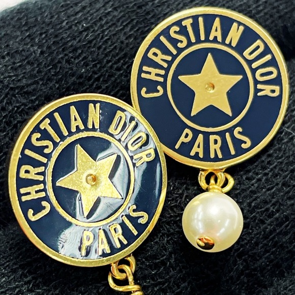 Christian Dior Earrings Gold x Navy Blue Star Medallion - Picture 4 of 5